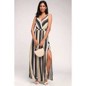 Lulus Lost In Paradise Black Multi Striped Backless Maxi Dress White - Size L